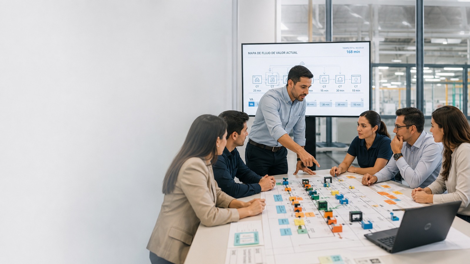 Equipo profesional aplicando herramientas Lean en una sesión de trabajo
